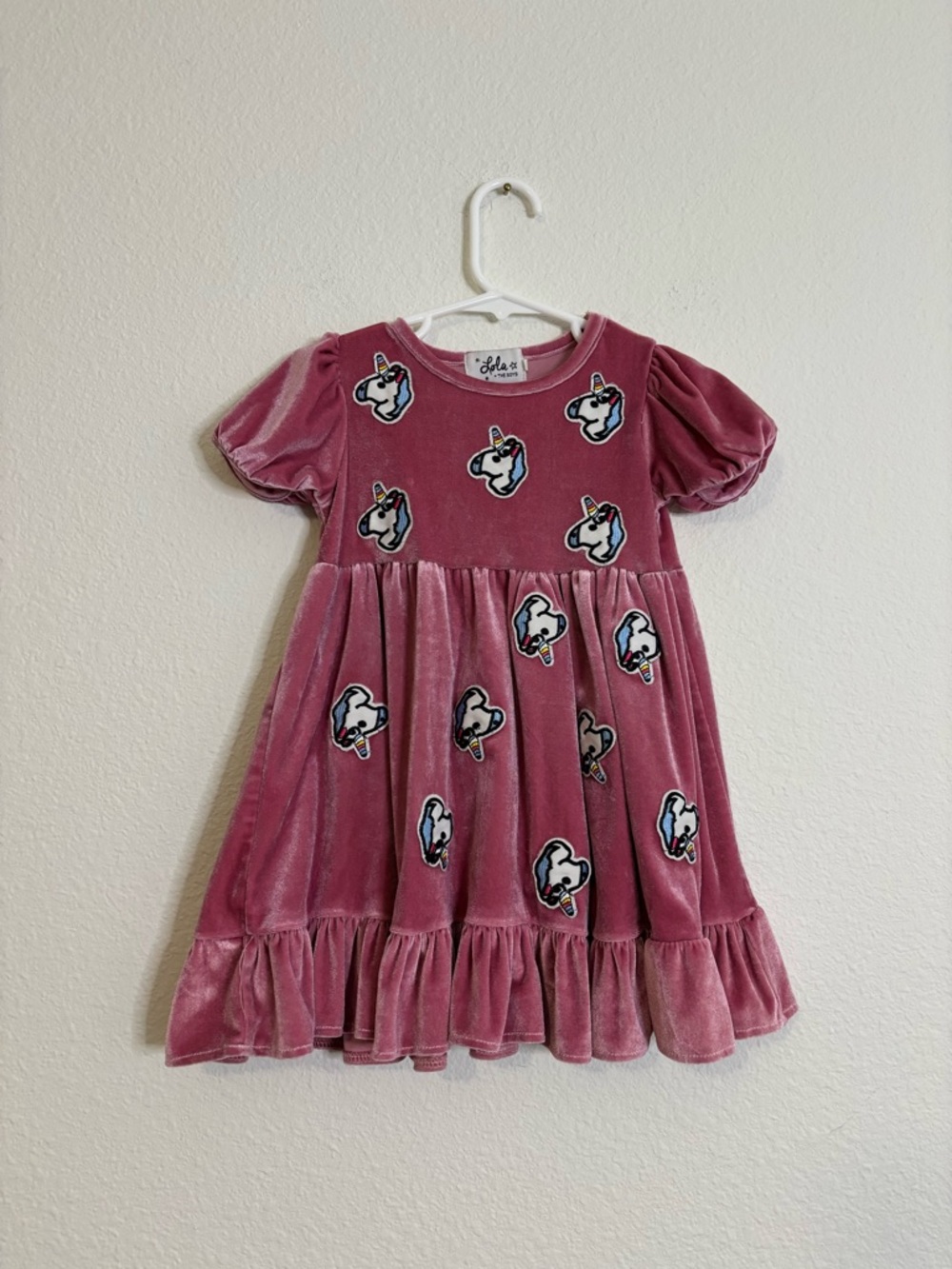 Lola + The Boys Pink Velvet Unicorn Patch Dress